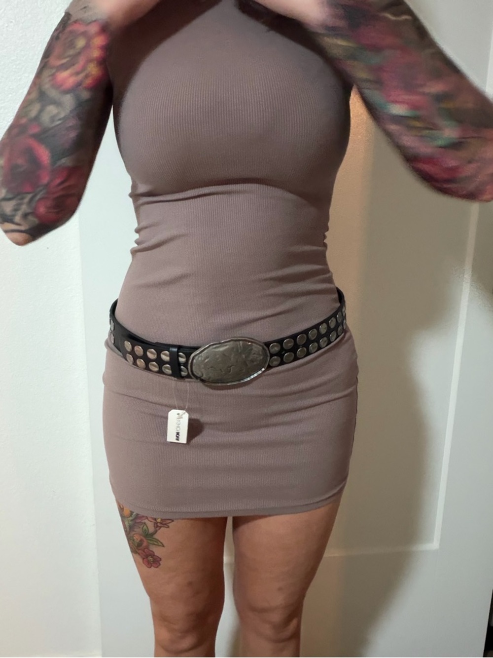 Fashion Nova Black Studded Western Belt with Silver Oval Buckle